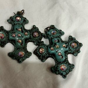Vintage-Style Turquoise Cross Earrings with Crystal Accents